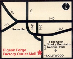 Map to Pigeon Forge Factory Outlet Mall